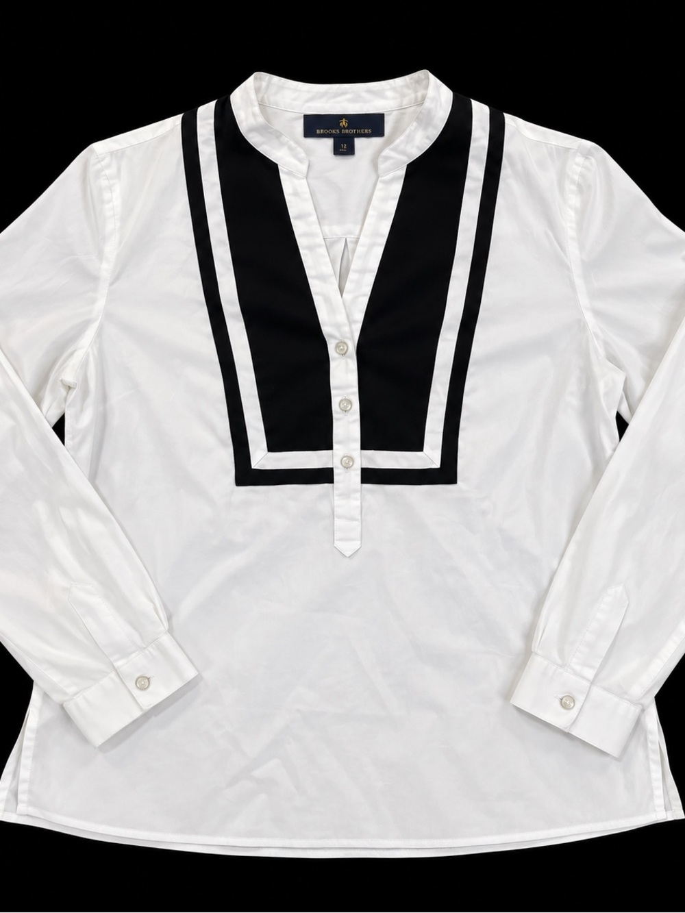 Brooks Brothers White Long-Sleeve Popover Shirt with Black Bib Trim